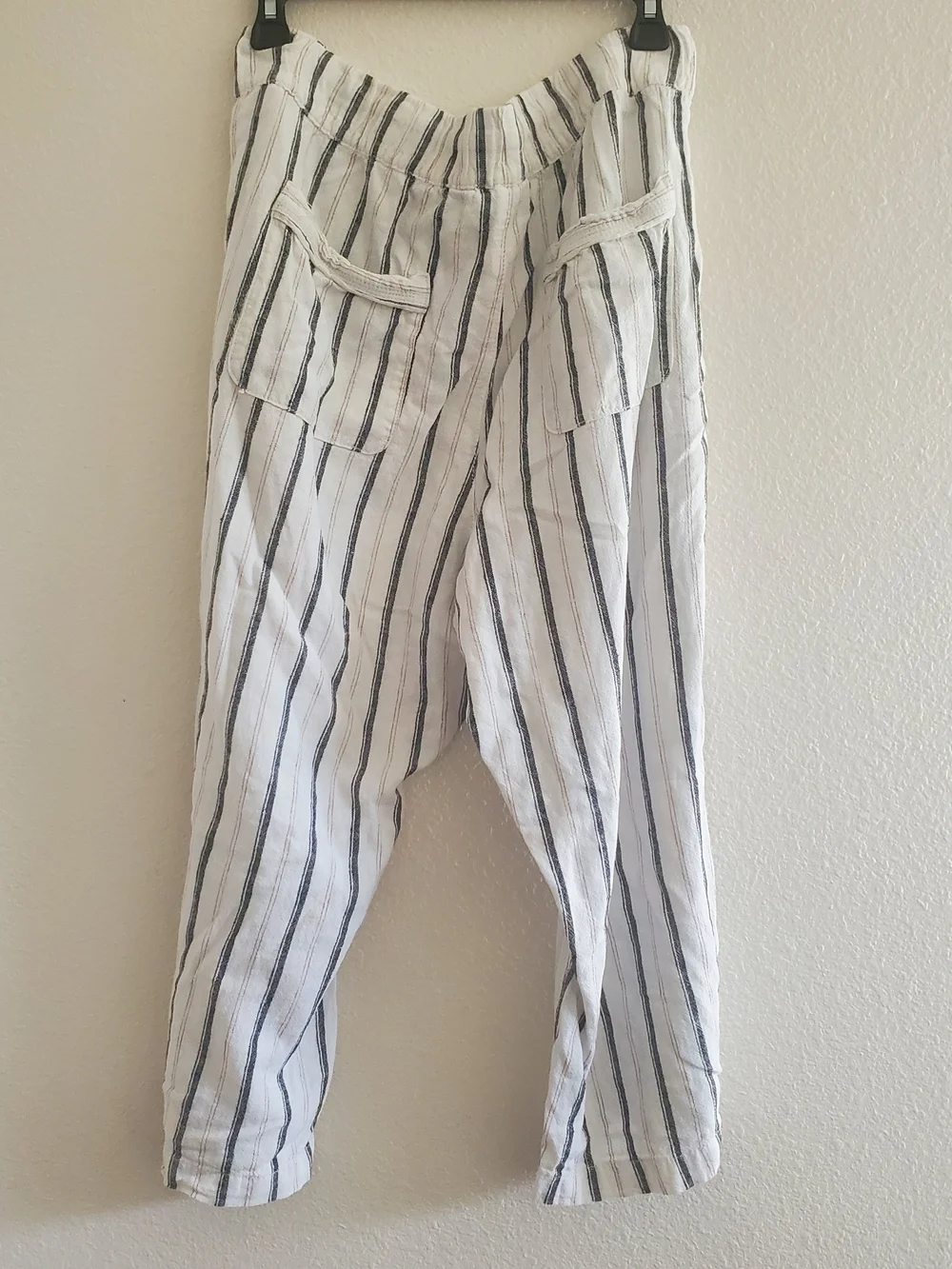 Women's White/Cream Linen-Blend Striped Drawstring Pants Size 1XP - Picture 2 of 6